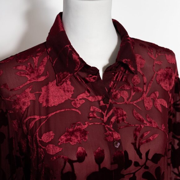 Ultra Pink Burnout Velvet Blouse L Burgundy Floral Sheer Romantic Goth Vampy - Picture 4 of 13